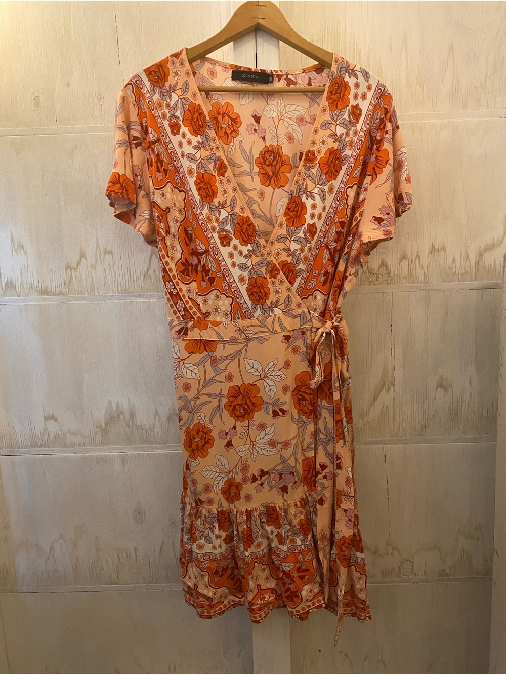Peach and Orange Floral Wrap Midi Dress